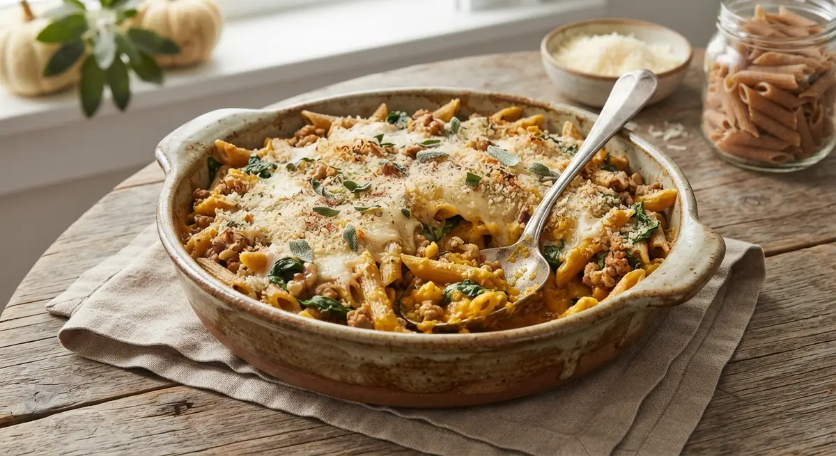 Whole Wheat Turkey Pumpkin Pasta Bake